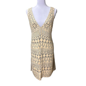 Naeem Khan Silk & Leather Patchwork Appliqué Mini Dress Sleeveless Tan Nude MED?